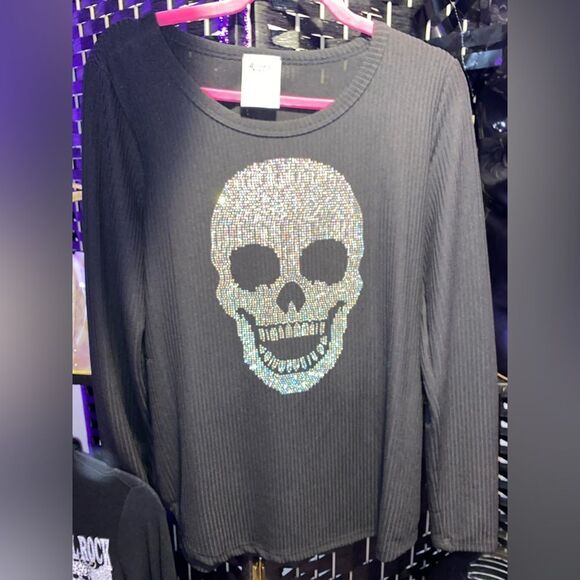 Vocal Rhinestone Skull LS Ribbed Tee - Picture 3 of 4